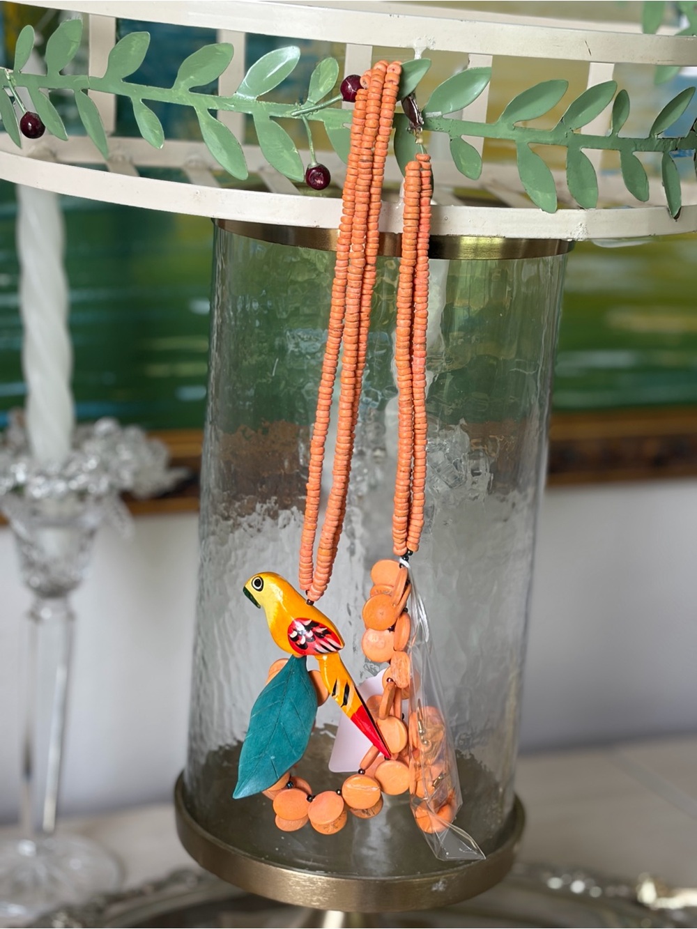 Handcrafted Vintage Orange Beaded Parrot Necklace with Earrings